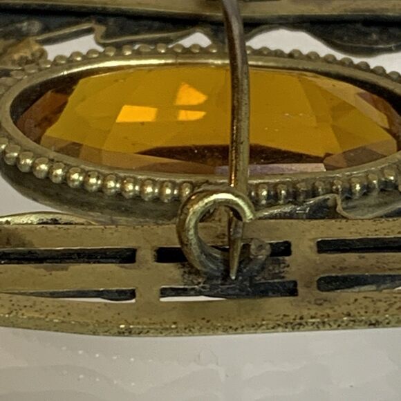 Antique Art Nouveau Brass Sash Pin Amber Glass Stone Open C Clasp 1910s Brooch - Picture 8 of 13